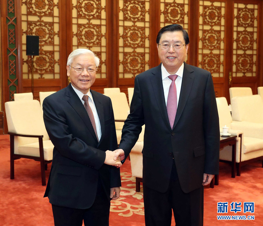 1月13日，中共中央政治局常委、全國人大常委會委員長張德江在北京人民大會堂會見越共中央總書記阮富仲。 新華社記者 劉衛(wèi)兵 攝