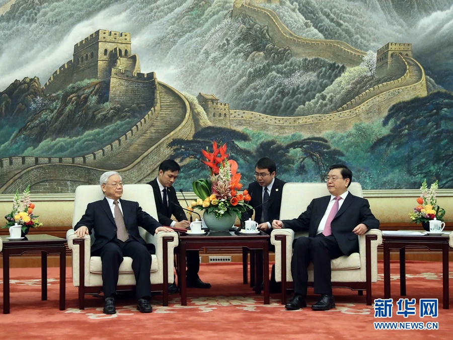 1月13日，中共中央政治局常委、全國人大常委會委員長張德江在北京人民大會堂會見越共中央總書記阮富仲。 新華社記者 劉衛(wèi)兵 攝