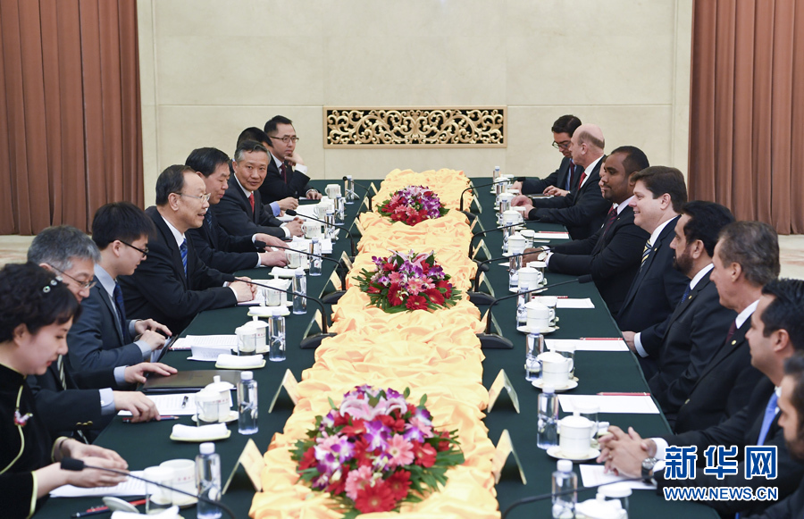 3月22日，中共中央書記處書記、全國政協(xié)副主席杜青林在北京會見巴西民主運動黨眾議院黨團領袖羅西率領的該黨干部考察團。 新華社記者張領攝