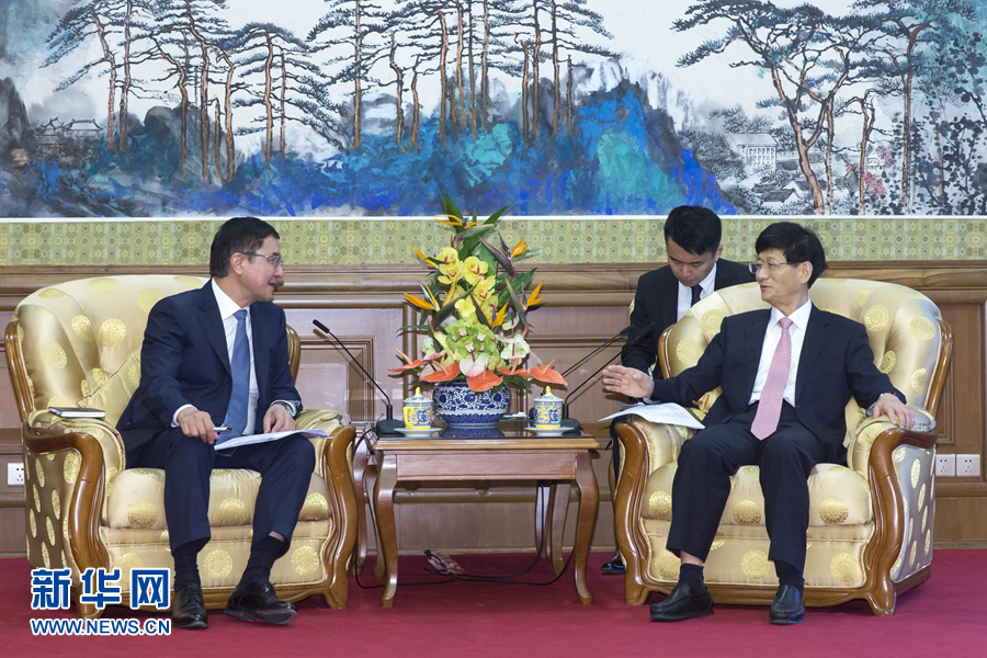 7月19日，中共中央政治局委員、中央政法委書記孟建柱在北京會見烏茲別克斯坦副總理庫奇卡羅夫。 新華社記者崔新鈺攝