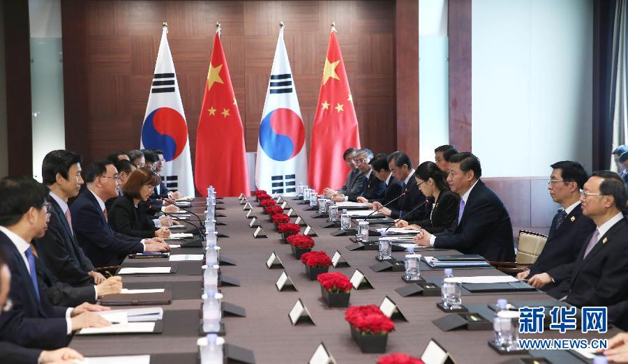 7月4日，國家主席習(xí)近平在首爾會見韓國總理鄭烘原。 新華社記者謝環(huán)馳攝 