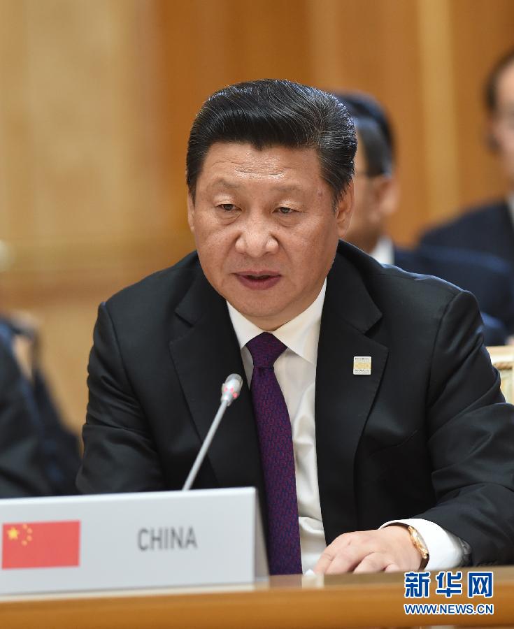 7月9日，金磚國家領導人第七次會晤在俄羅斯烏法舉行。中國國家主席習近平、俄羅斯總統(tǒng)普京、巴西總統(tǒng)羅塞夫、印度總理莫迪、南非總統(tǒng)祖馬出席。這是習近平發(fā)表題為《共建伙伴關系　共創(chuàng)美好未來》的主旨講話。新華社記者 饒愛民 攝 