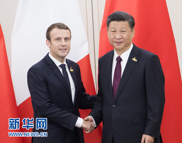 7月8日，國(guó)家主席習(xí)近平在漢堡會(huì)見法國(guó)總統(tǒng)馬克龍。新華社記者 李學(xué)仁 攝